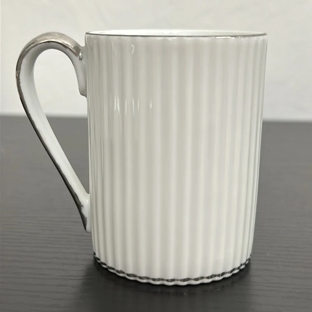 8 Vintage Ucagco White Ribbed Porcelain Silver Trim Demitasse Tea Cups